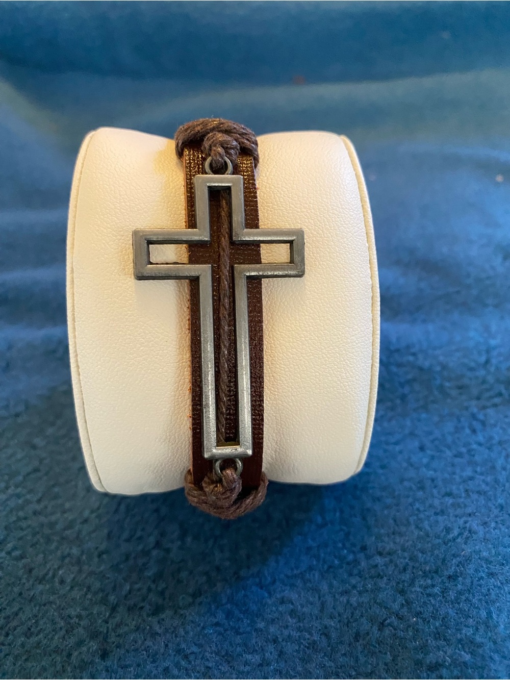 Men's Brown Leather Cross Adjustable Bracelet with Metal Accent